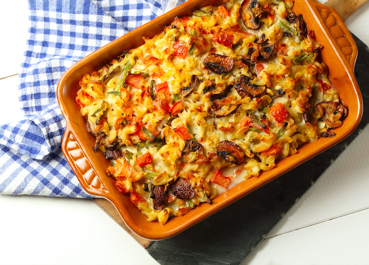 Revuelto de pasta y champiñones al horno