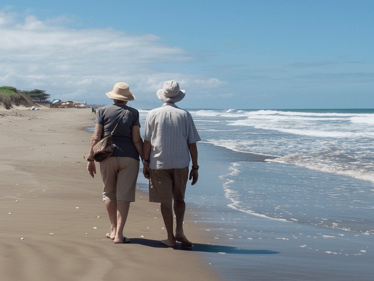 Dos personas mayores en la orilla de la playa