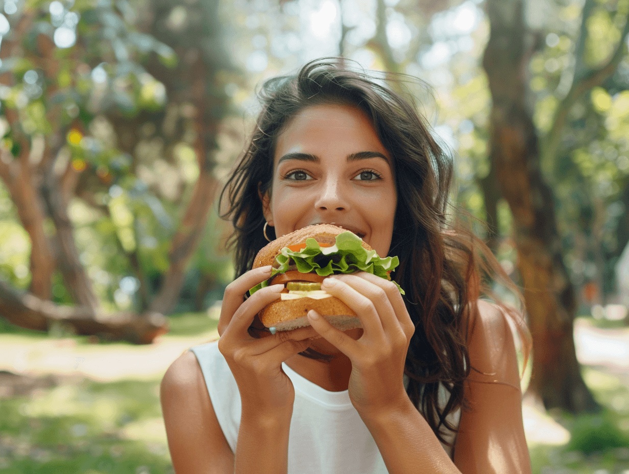 Una mujer disfrutando de un sándwich