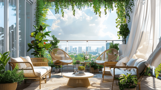 Una terraza con plantas colgantes