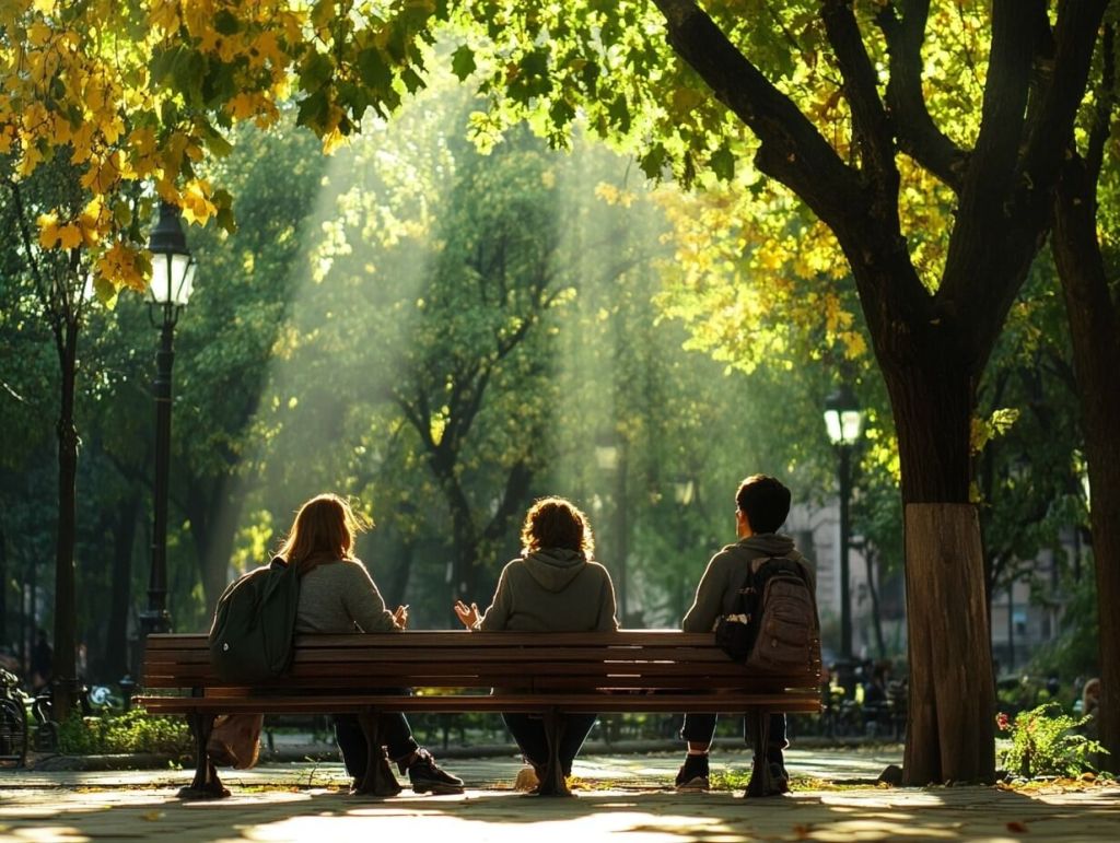 Gente tomando los últimos rayos de sol en un parque
