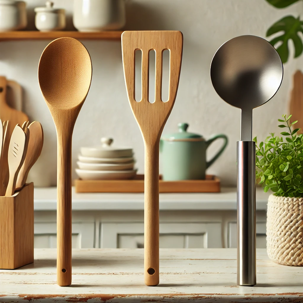Utensilios de cocina sostenibles sobre una encimera moderna, incluyendo una cuchara de bambú, una espátula de madera y un cucharón de acero inoxidable.