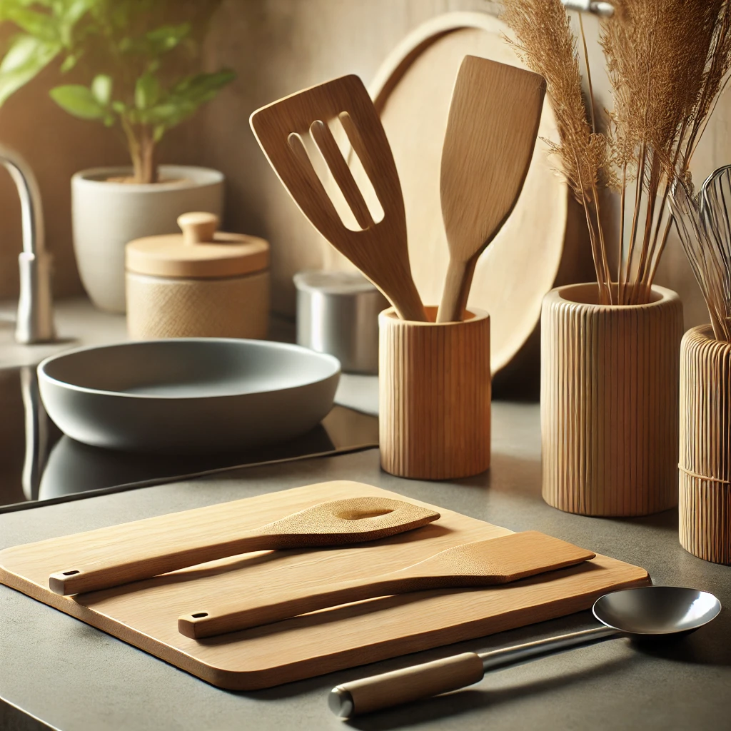 Primer plano de utensilios sostenibles sobre una encimera con detalles de cocina ecológica y natural.
